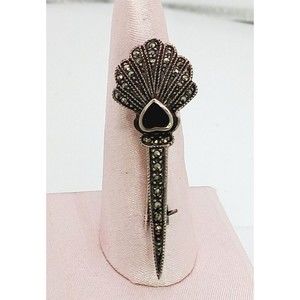 Vintage Sterling Silver Marcasite Brooch with Onyx Stone